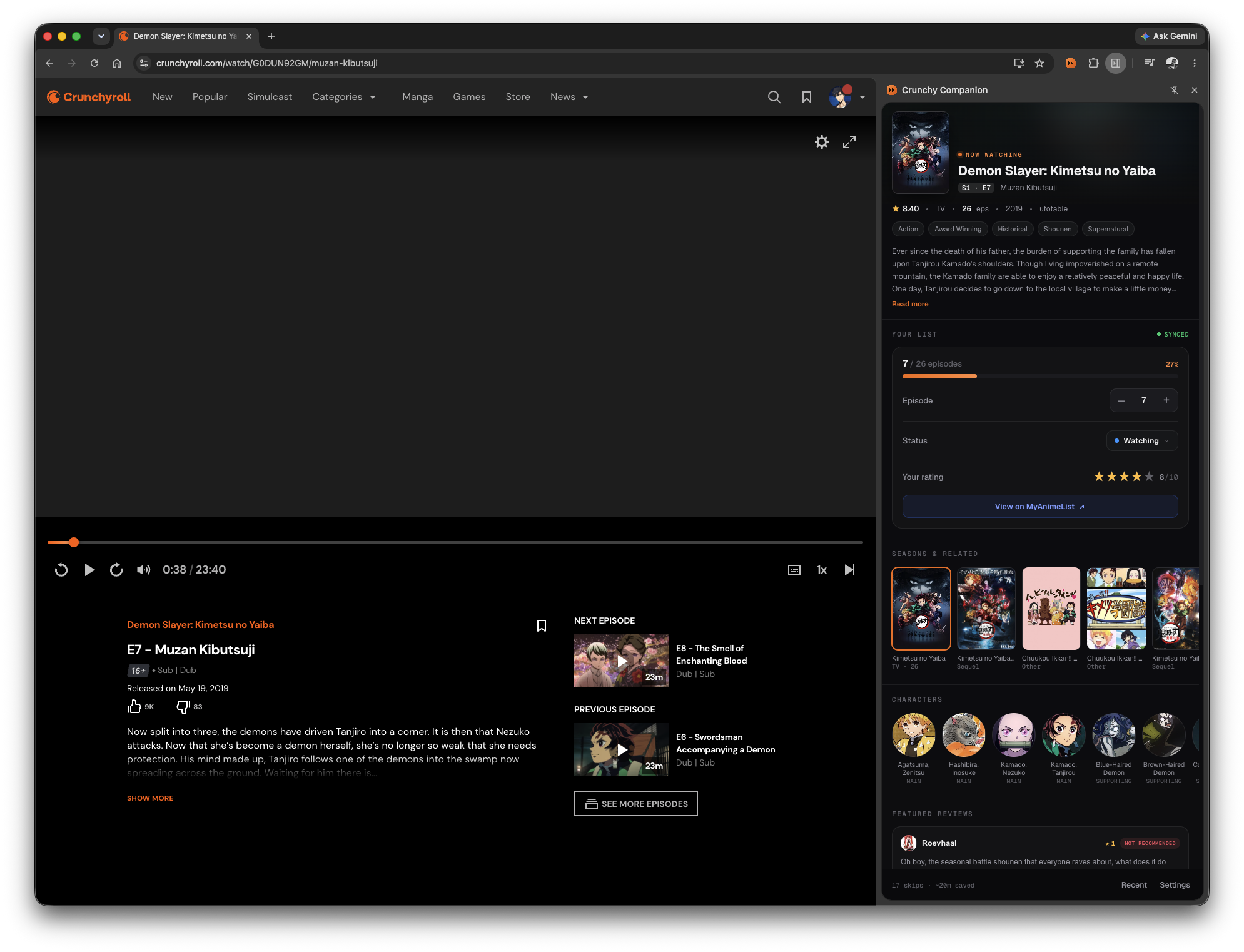 Crunchy Companion side panel next to a Crunchyroll episode