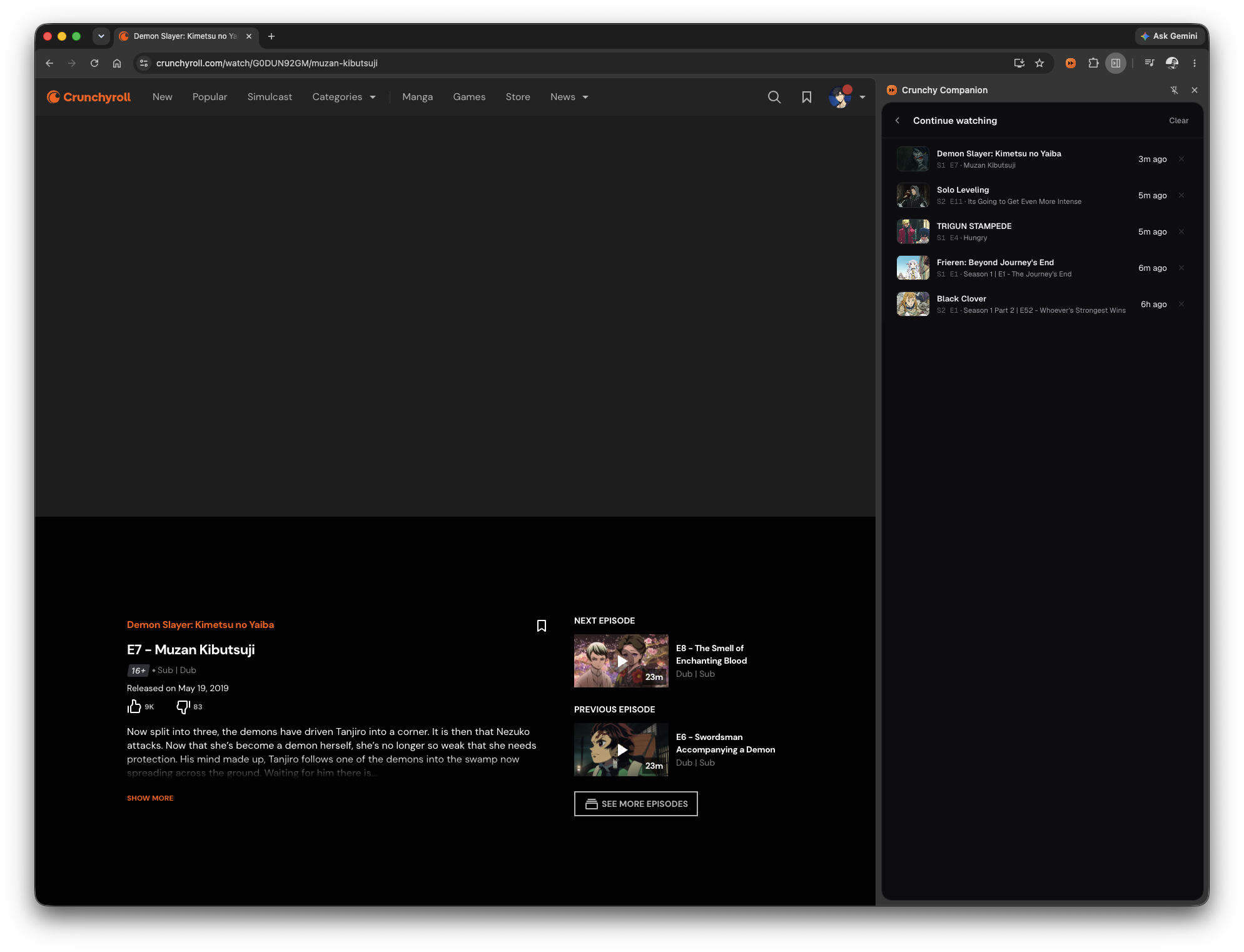 Crunchy Companion recent / continue-watching panel