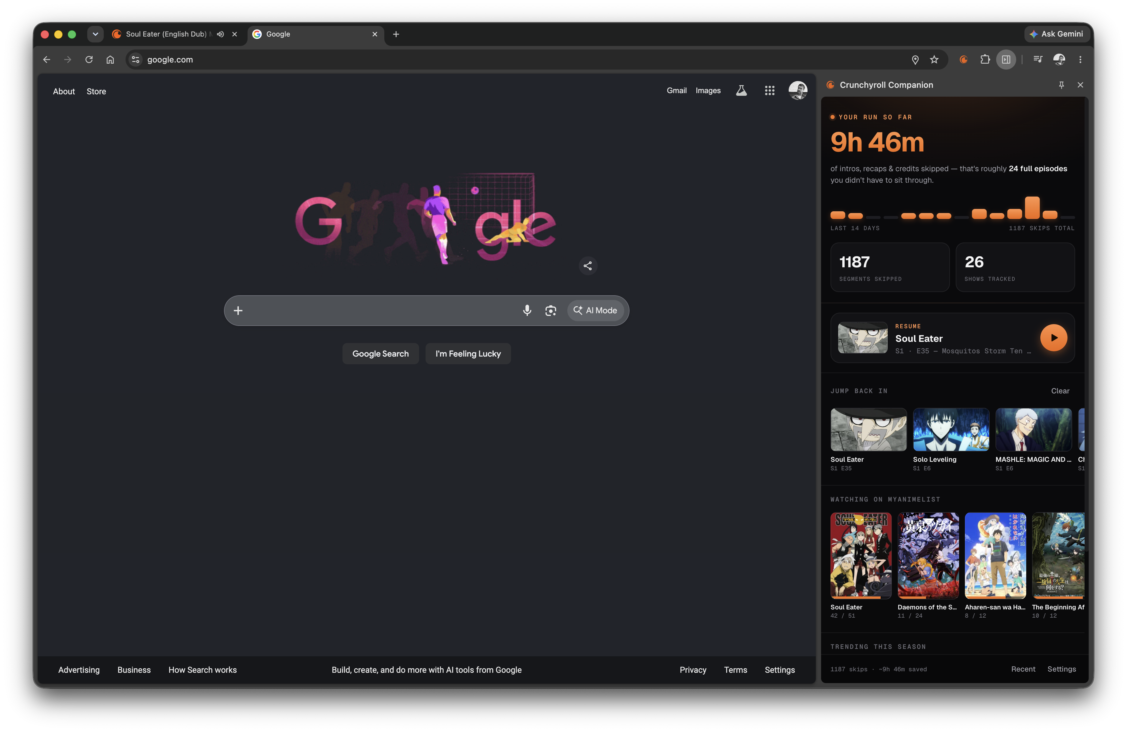 Crunchyroll Companion home dashboard next to another site