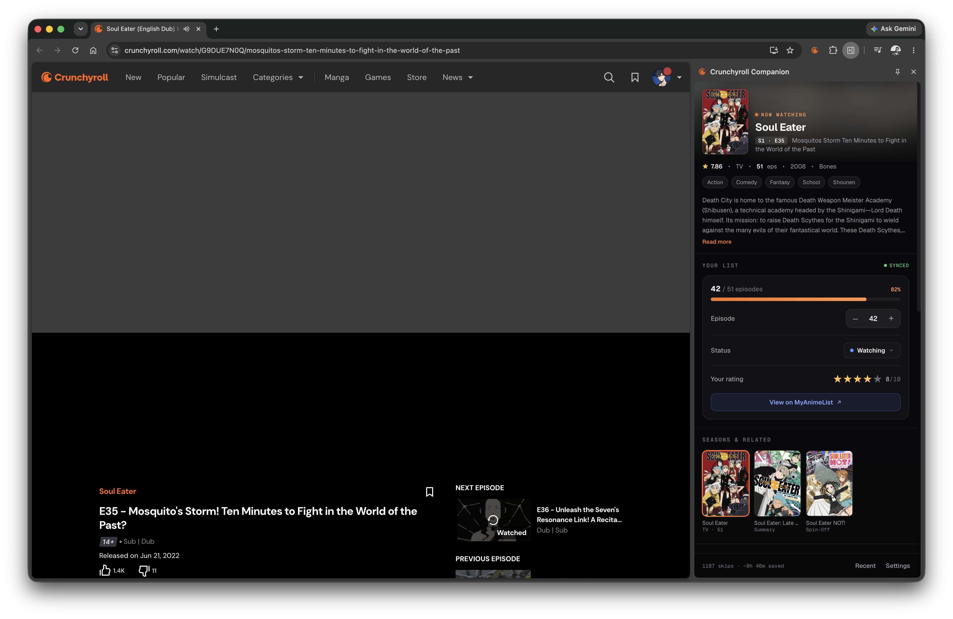Crunchyroll Companion side panel next to a Crunchyroll episode